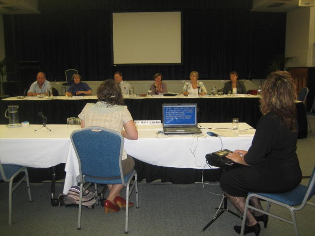\x3cp\x3eCommunity Affairs References Committee hearing, Wesley Conference Centre, Sydney, 11 November 2009. Witness Kate Locke appears before (L-R) Senators John Williams, Claire Moore, [unknown], Rachel Siewert, Sue Boyce and Judith Adams.\x3c/p\x3e