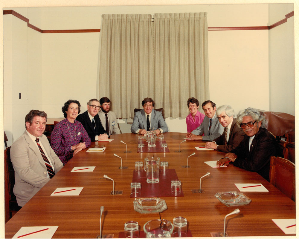 Standing Committee on Regulations and Ordinances, 11 March 1982. L-R: Senators Dominic Foreman, Shirley Walters and Alan Missen, Peter Hallahan [Research Officer], Senators Austin Lewis [Chair], Anne Lynch [Secretary], Senators Michael Tate [Deputy Chair], John Coates and Neville Bonner.