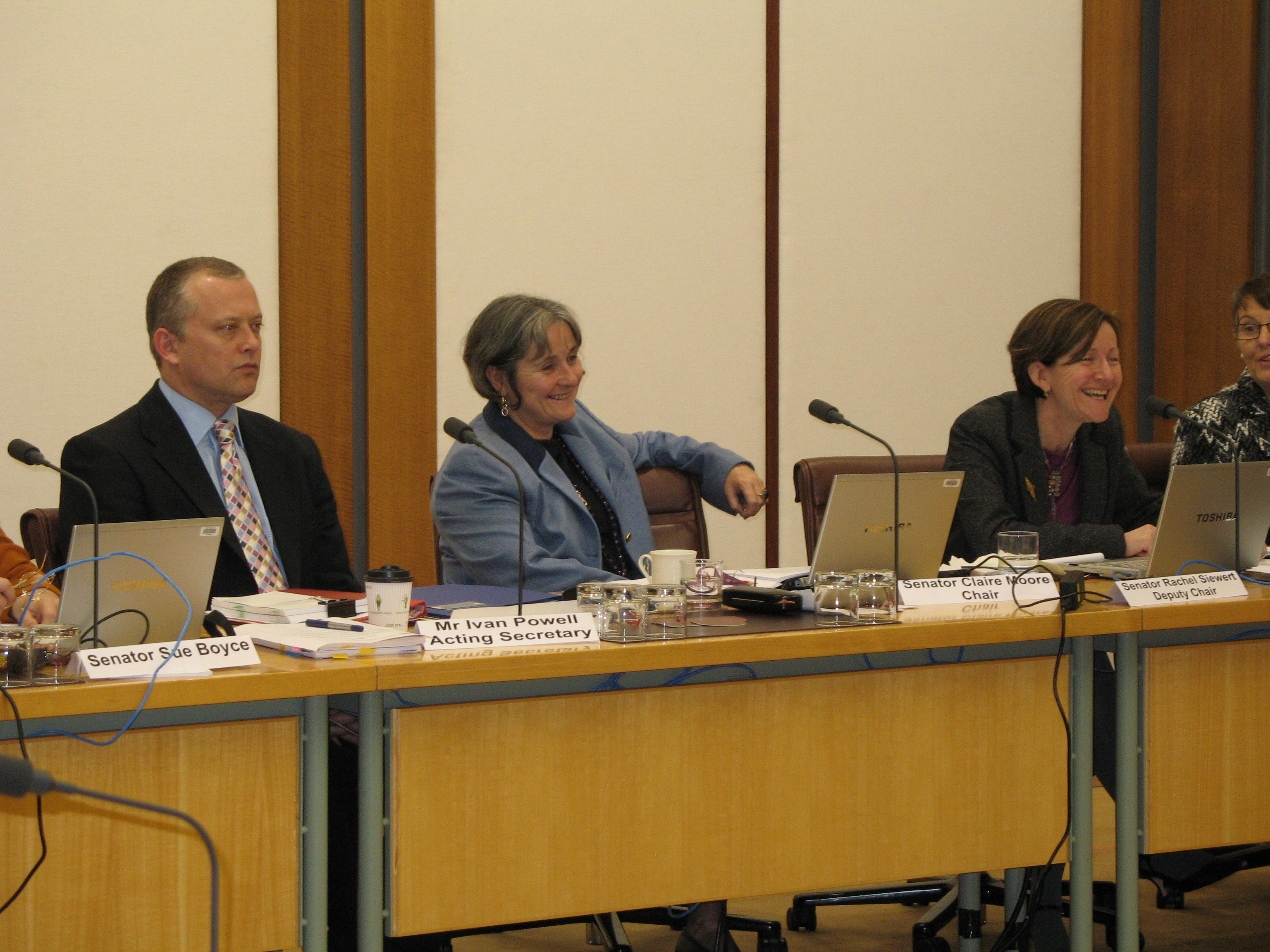 \x3cp\x3eCommunity Affairs Legislation Committee hearing evidence from witnesses, 6 August 2009. L-R: Ivan Powell [Acting Secretary], Senators Claire Moore [Chair] and Rachel Siewert [Deputy Chair]. DPS Auspic.\x3c/p\x3e