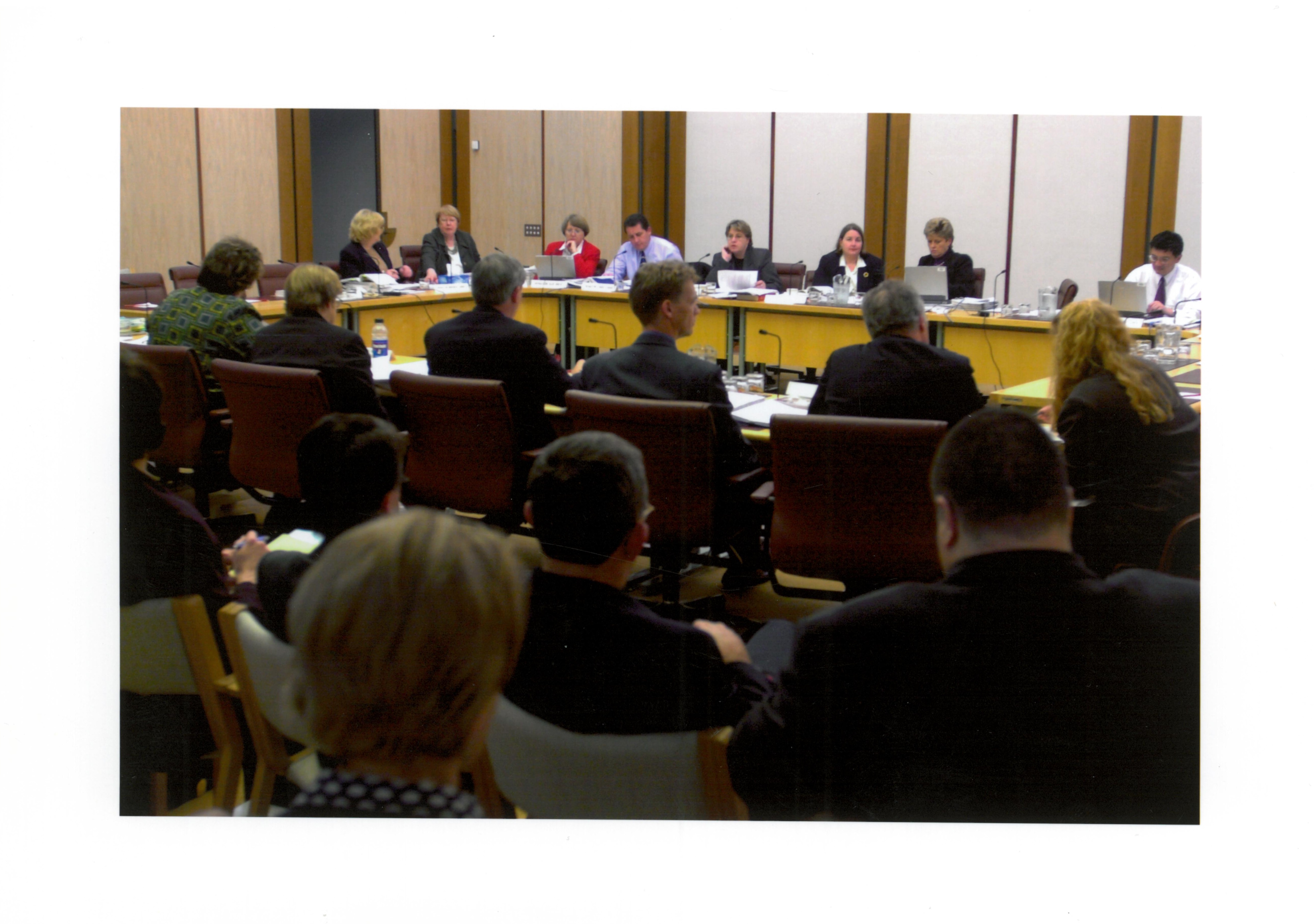 \x3cp\x3eCommunity Affairs Legislation Committee questioning officers from the Department of Health and Aged Care at a budget estimates hearing, 28 May 2001. Seated facing camera L-R: Senators Brenda Gibbs, Kay Denman, Sue West, Chris Evans and Trish Crossin, Christine McDonald [Acting Secretary], Senators Sue Knowles [Chair] and Tsebin Tchen.\x3c/p\x3e