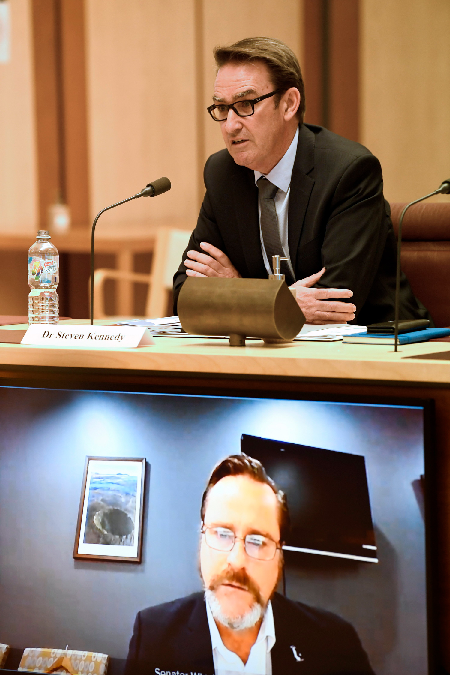 Treasury Secretary, Dr Steven Kennedy, and participating committee member Senator Peter Whish-Wilson, appearing via video, 28 April 2020. DPS Auspic.
