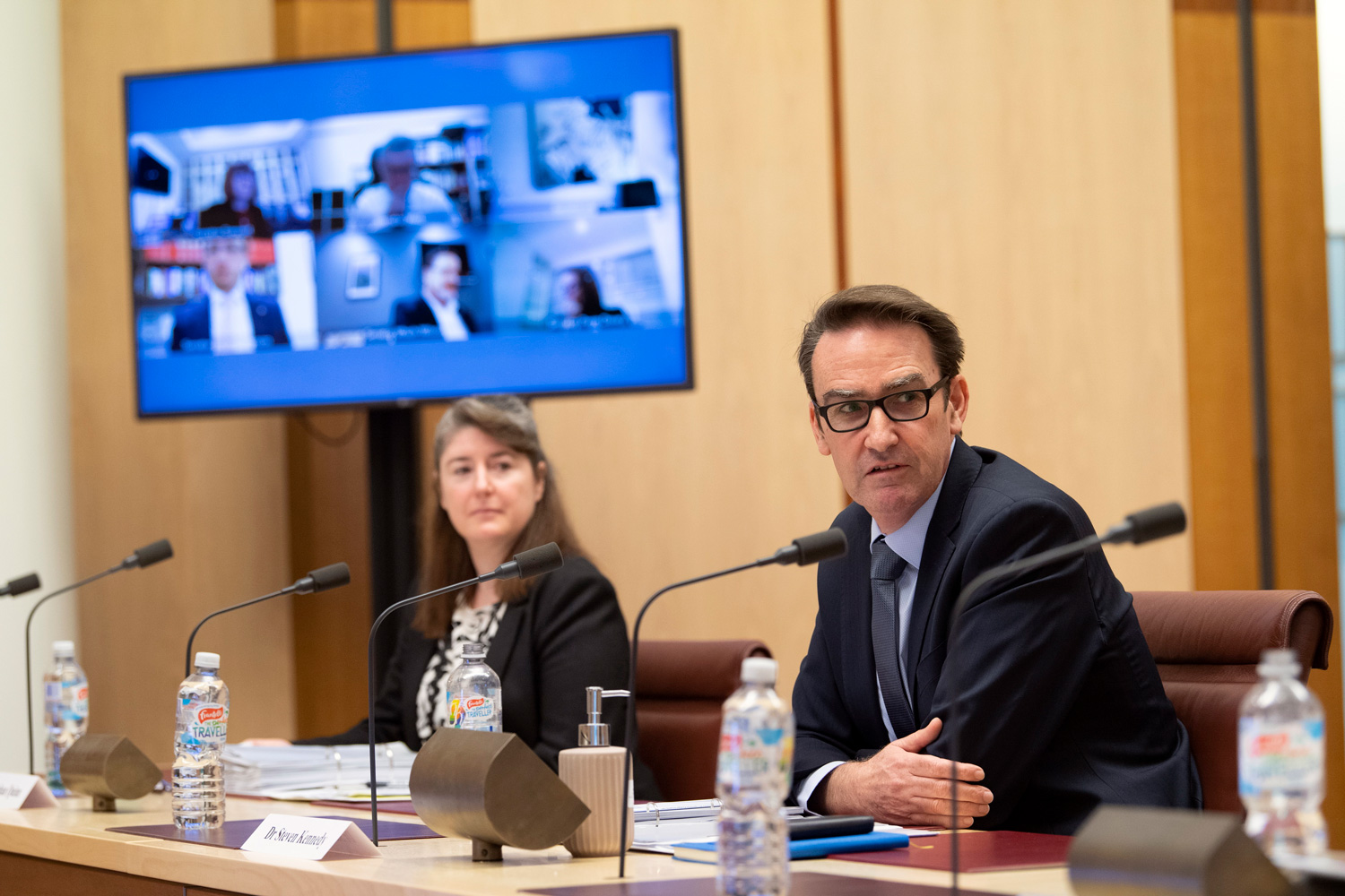 Treasury officials Dr Steven Kennedy and Meghan Quinn appearing before the Select Committee on COVID-19 hearing, 28 April 2020. DPS Auspic.