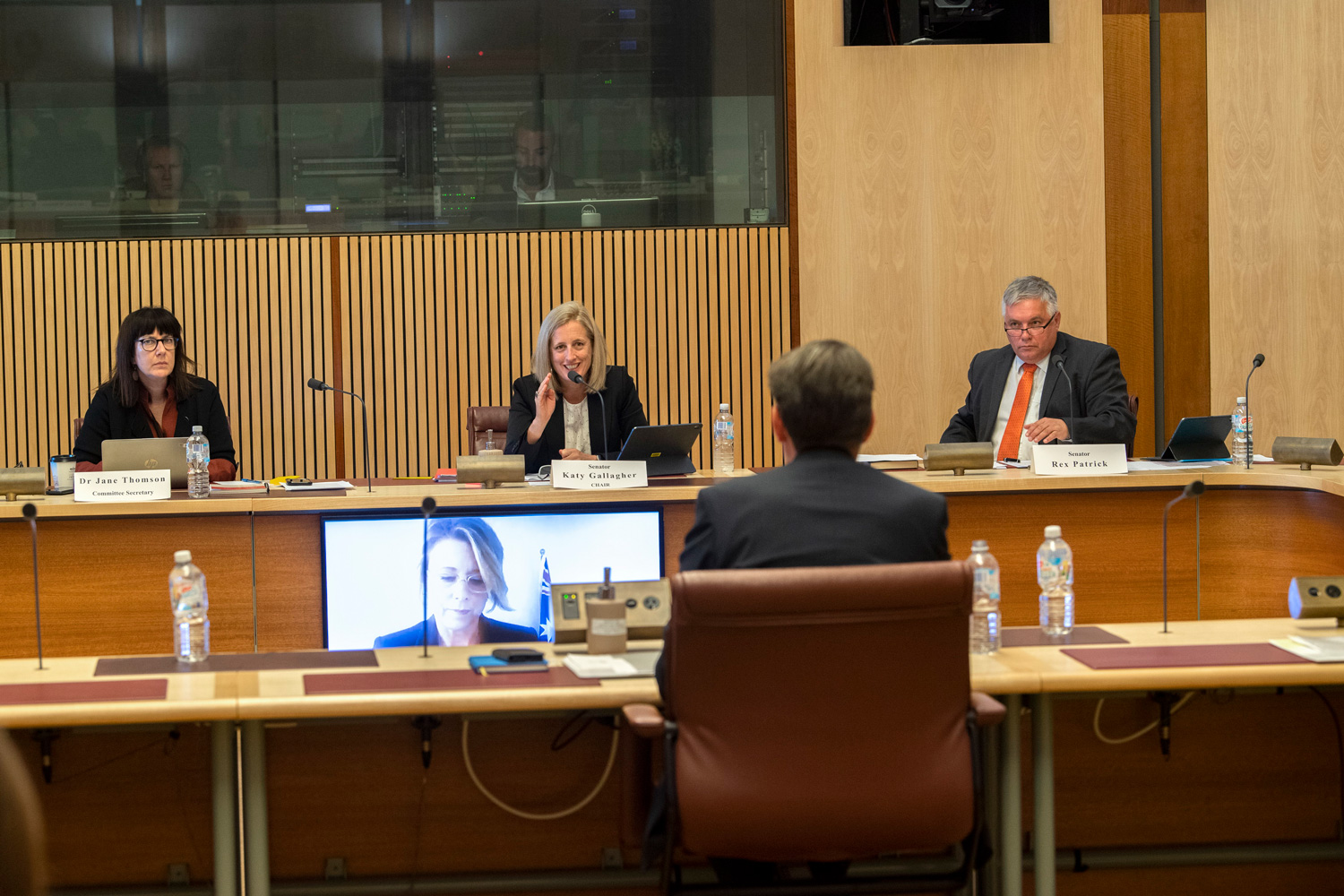 Select Committee on COVID-19 hearing, 28 April 2020. L-R facing camera: Committee Secretary Dr Jane Thomson, Senators Kristina Keneally [via video] and Katy Gallagher [Chair], and participating member Senator Rex Patrick. DPS Auspic.